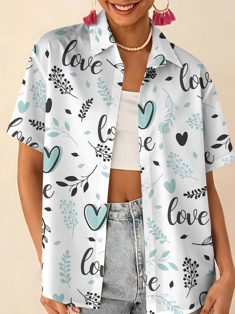 Gentle blue floral printed shirt for women, short-sleeve loose lapel design, niche vacation style top