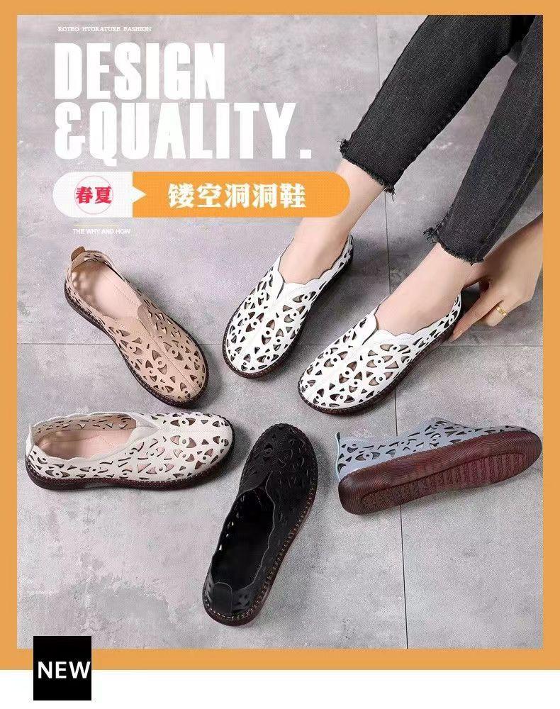2025 New Large Size Breathable Hollow Mother Hole Moving Shoes Women's Flat Bottom Round Head Soft Sole Middle-aged and Elderly Women's Sandals