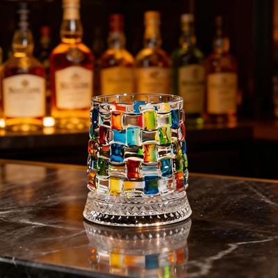 Light Luxury Painted Rotating Whiskey Glass with Glass Base, 360 Degree Rotating Crystal Rum Glass for Cocktail Parties