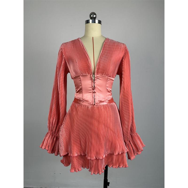 

Весенне-осенний женский темпераментный повседневный костюм с v-образным вырезом и расклешенными рукавами, короткий топ, юбка до половины тела 2XL розовый