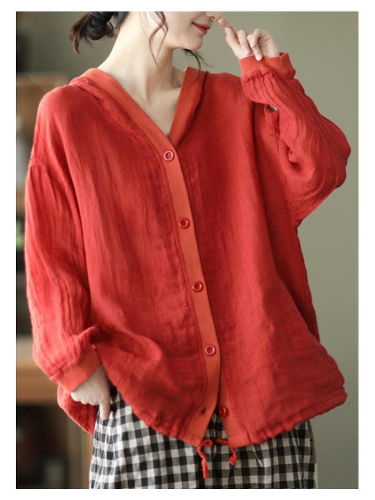 Sommar Retro Bomull Linne Huvförsedd Kofta: Solskyddstopp med lång ärm i plusstorlek