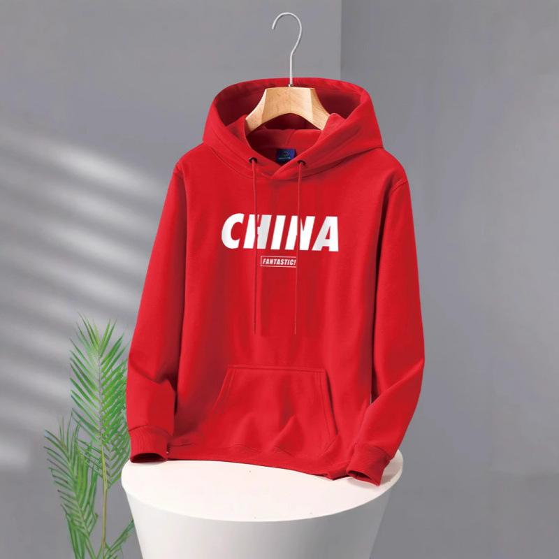 Spring, autumn and winter red hooded sweater men's loose trend couple hoodie velvet Eurasian size