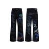 American High Street Striped Graffiti Flare Jeans Unisex Loose Distressed Denim Pants