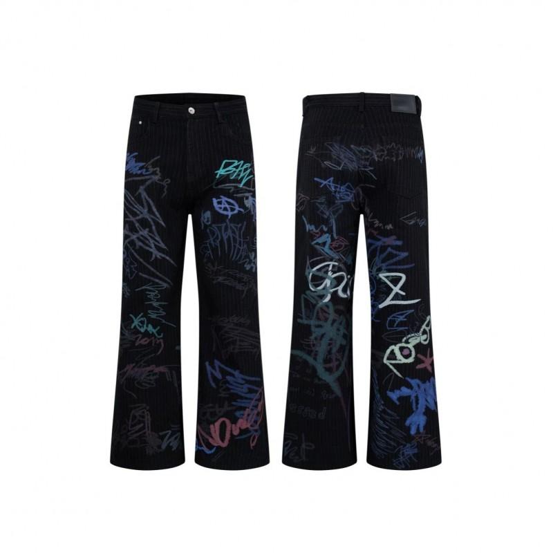 American High Street Striped Graffiti Flare Jeans Unisex Loose Distressed Denim Pants