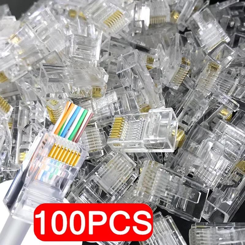 100pcs RJ45 CAT6 CAT5e Pass Through Connector Network Crystal End Gold-Plated Crimp UTP Standard Ethernet Network Modular Plug