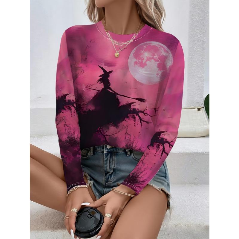 Round Neck 3D Witch Printed Top Casual Long Sleeved Women's T-shirts - Soft Medium Stretch Polyester Fabric Spring and Autumn Relaxed Fit Clothing