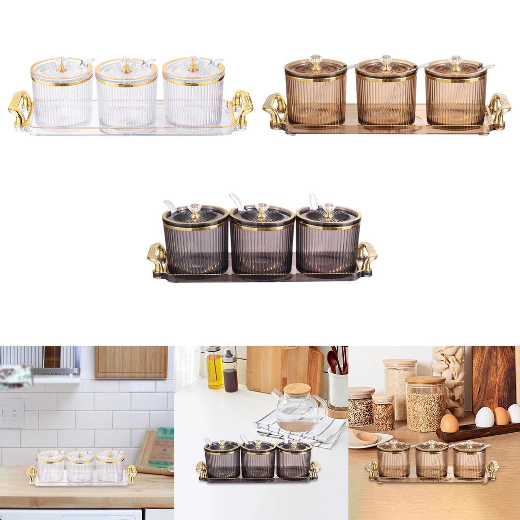 3 Stück Badesalz Aufbewahrungsglas mit Deckel Löffel und Tablett Salz Zucker Gewürz Schüssel Behälter für Zucker Gewürz Würze Zuhause Pfeffer