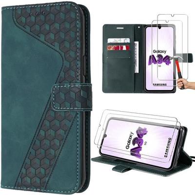 Protective Case - BOOLING - for Samsung Galaxy A34 5G - Embossed PU Leather - 2 Tempered Glasses - Night Green