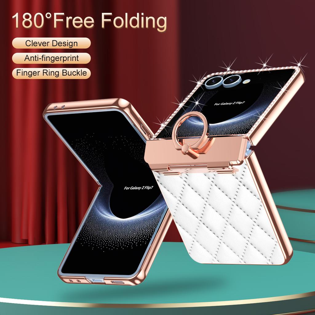 For Samsung Galaxy Z Flip 7 Electroplated Leather Textured Glitter Diamond with Ring Hanging Anti-Fingerprint Phone Case