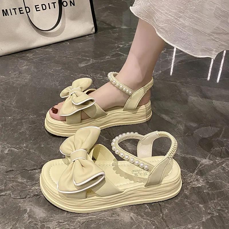 Wedge with Platform Waterproof Apricot Outdoor Pearl Ladies Shoes Open Toe Sandals for Women Bow Summer 2025 Footwear Flat Sale