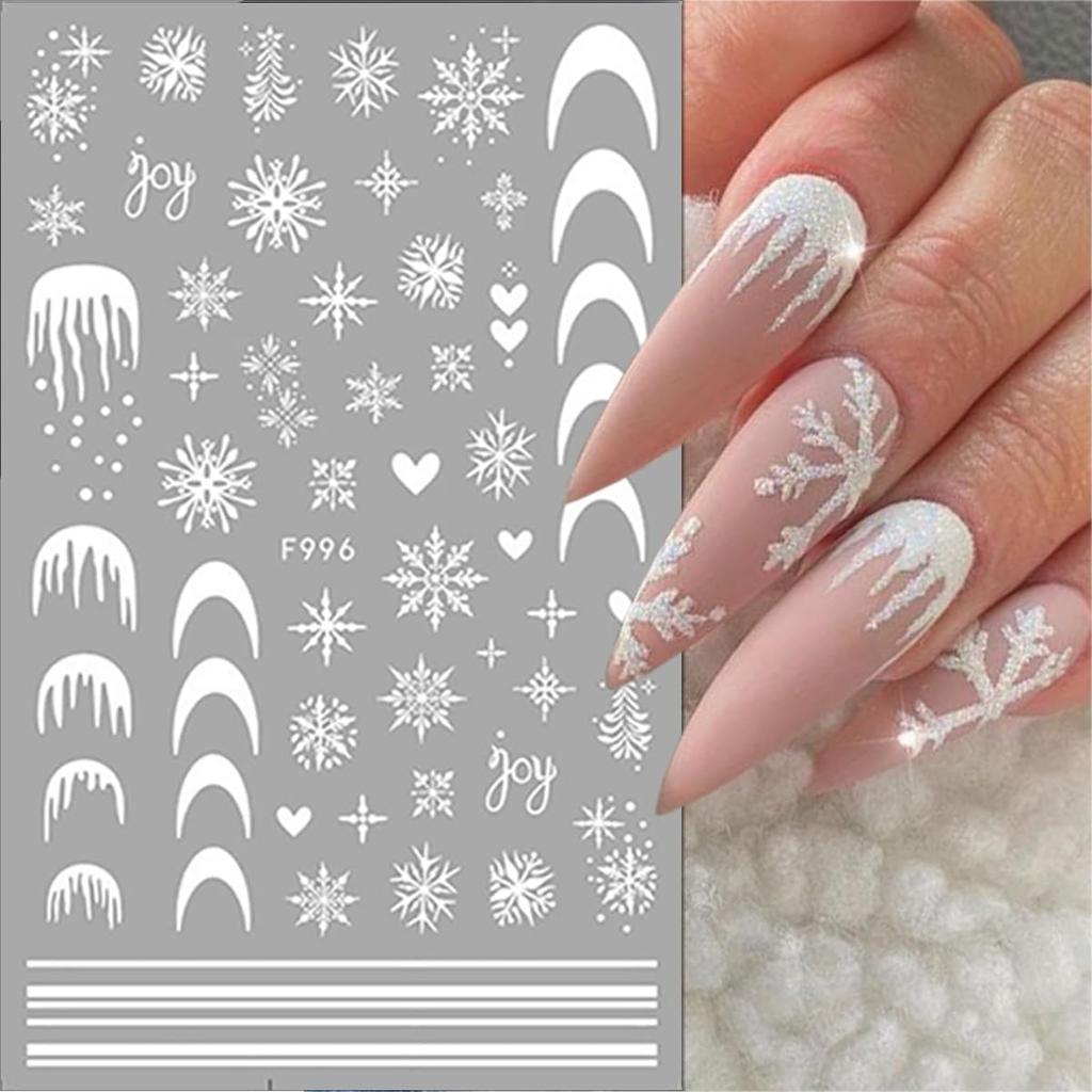 4 Sheets Christmas Nail Stickers for Nail Art 3D Self-Adhesive White Snowflake Nail Art Stickers Winter Xmas Tree Elk Design French Tip Nail Decals