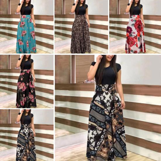 Damen Kurzarm Blumenmuster Patchwork Abschlussball Cocktail Großes Schwingendes Maxi-Kleid