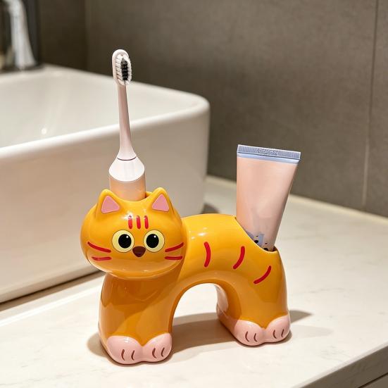 Toothbrush Holder, Cat Shape with Drain Port, Mold-Resistant Double-Hole Ceramic Organizer for Bathroom Accessory