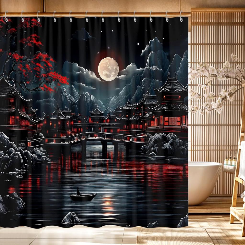 Japanese Anime Shower Curtain,Cool Watercolor Japan Cherry Blossom Floral Mountain Asian Oriental Abstract Art Shower Curtain