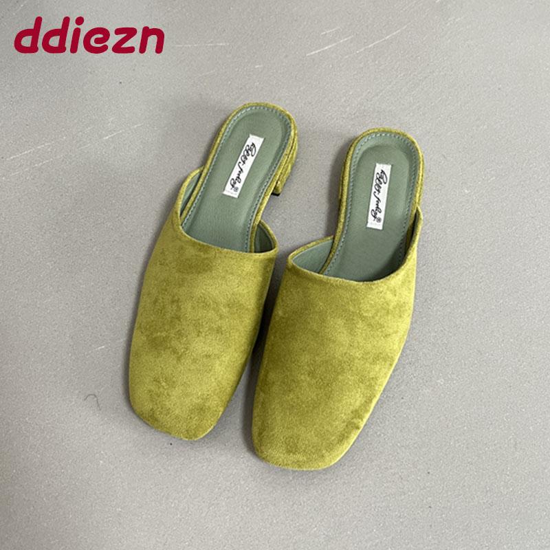 Fashion Luxury Flats Slippers Shoes For Women Mules Summer Spring Fashion Square Toe Ladies Flats Slippers Female Slides Sandals Shoes