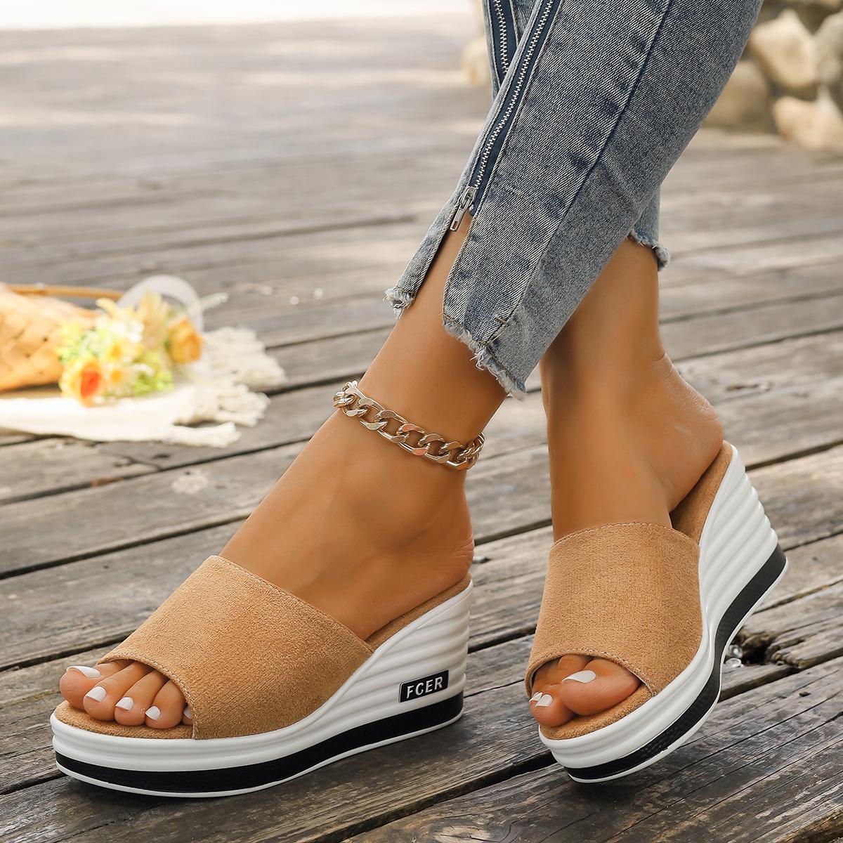 

Женские шлепанцы на танкетке, летние ретро-сандалии с открытым носком, туфли на высоком каблуке, платформа, однотонные шлепанцы, большие размеры, слайды для женщин 39