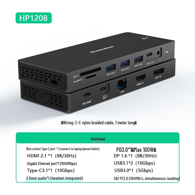 

8K 30Hz Type-C Docking Station with Multi-Screen Display, HDMI 2.1/DP 1.4, Laptop Expansion Dock & USB Splitter