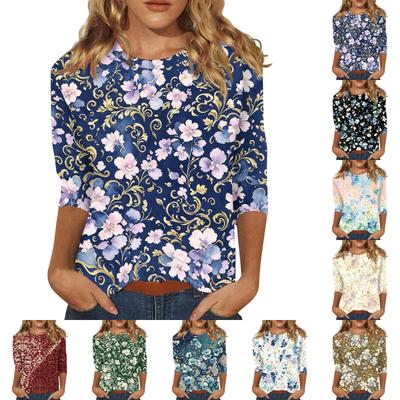 Women’s Casual Three Quarter Sleeve Floral Print Crew Neck Top Loose Fit Pullover Lightweight Blouse for Daily Wear