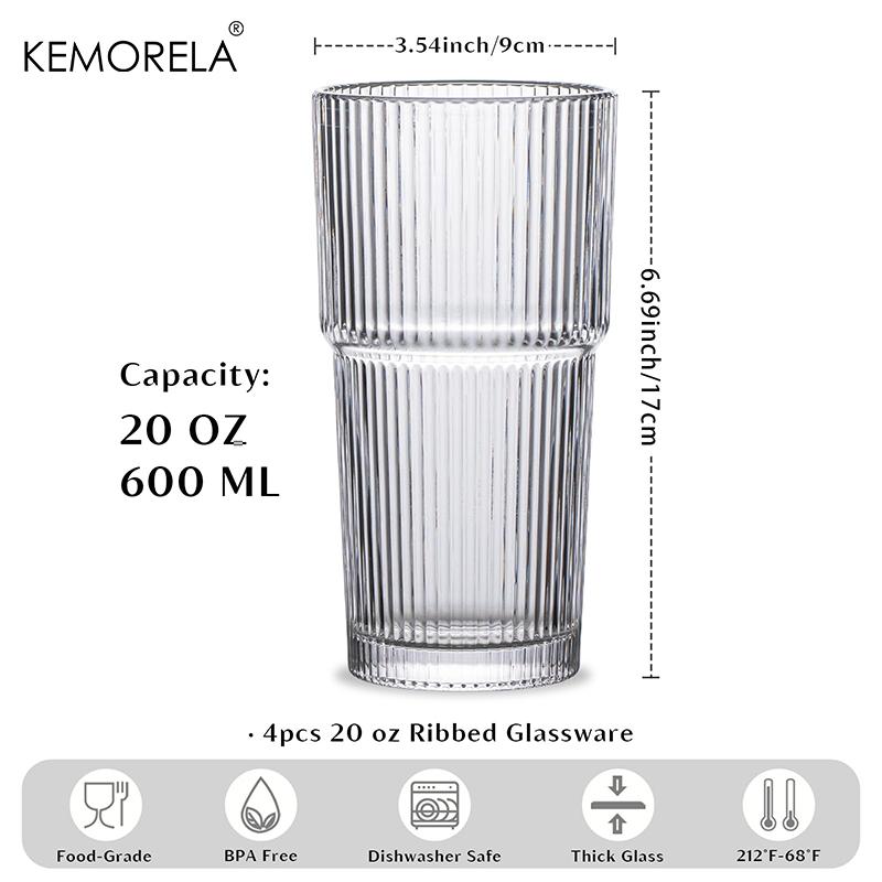 KEMORELA 2/4PCS Ribbed Glass Tumbler 590ML Large Capacity Drinking Glasses for Family gathering Iced Coffee Juice and Cocktails