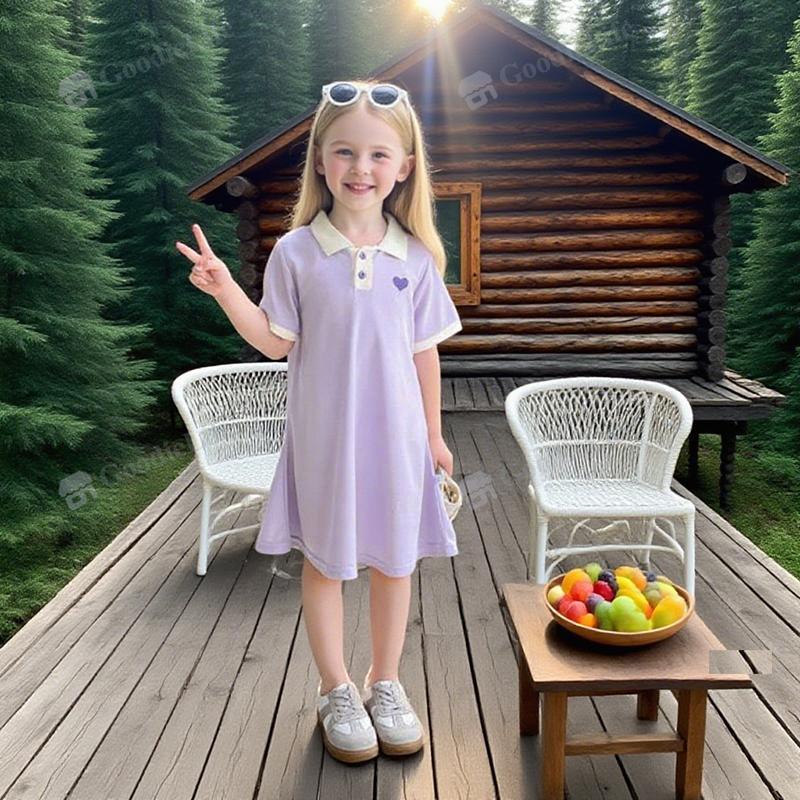 Girls Polo Dress Summer Short Sleeve Purple A Line Korean Style New Fashion Plain Color Collar Dress