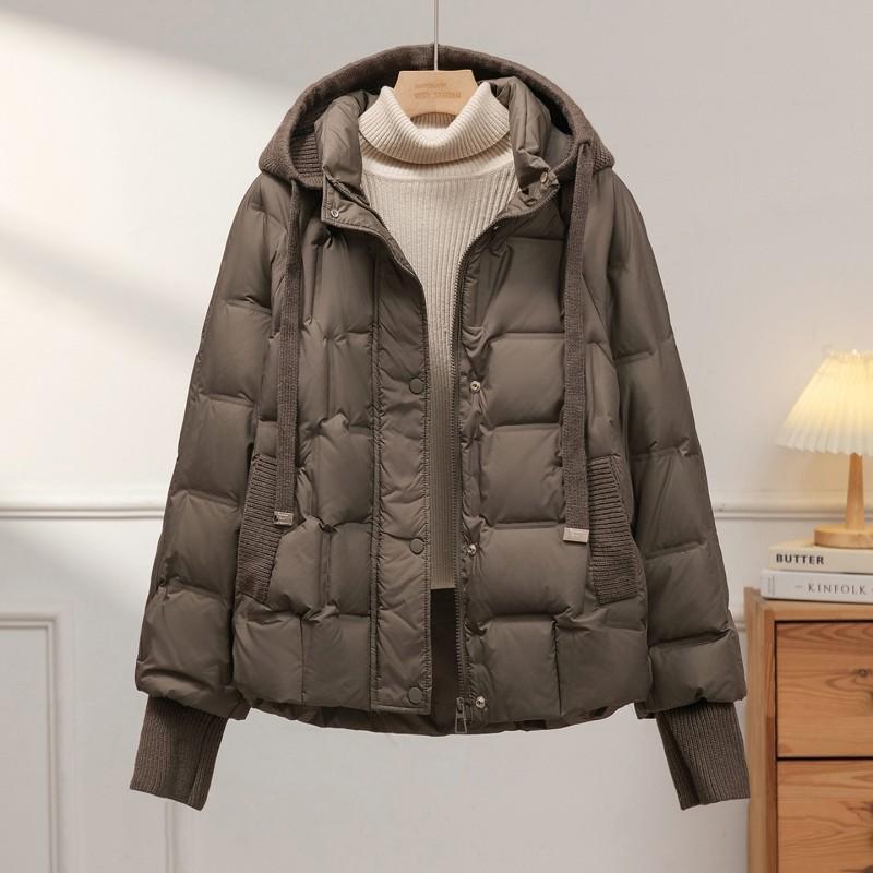 Womens Short Puffer Jacket With Hood White Duck Down Fill Ribbed Cuffs Loose Fit Winter