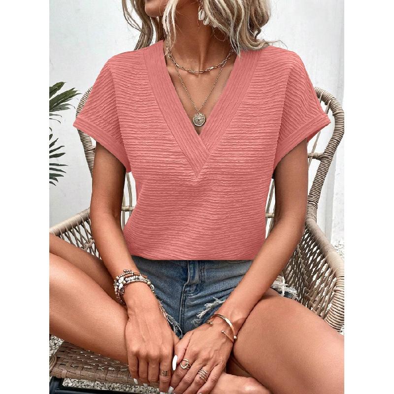 Womens Tops Summer Textured Short Sleeve V Neck T Shirts Loose Fit Fashion 2024