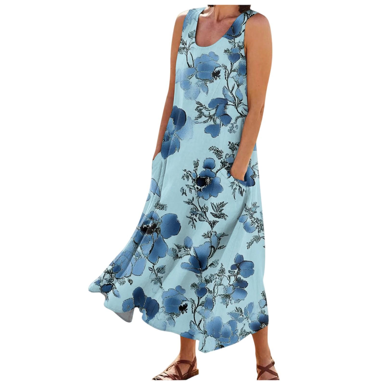 

Women s Fashion Summer Casual Sleeveless Floral Printed Small Pocket Dresses XXL