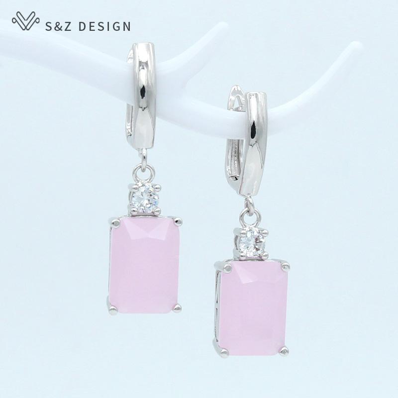 Fashion Pink Rectangle Cubic Zirconia Drop Earrings For Womenn Wedding Party Jewelry Rose Gold Color Eardrop