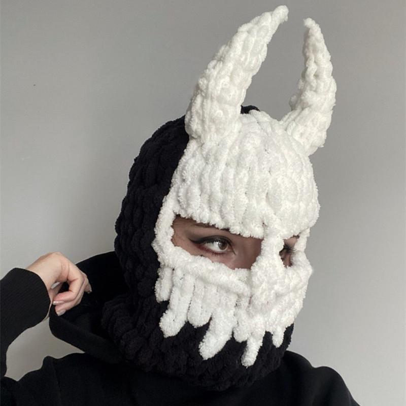 New Hand-Knitted Velvet Rabbit Ear Hat with Devil Horns - Warm, Thick, Sweet, and Stylish Spicy Girl Face Mask