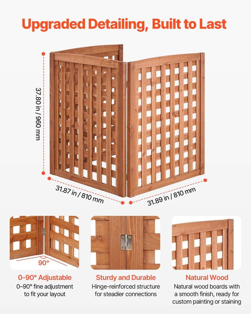 Wooden Privacy Fence, 810 X 960 Mm Air Conditioner Fence, 3 Panel Solid Outdoor Wood Privacy Screen with Adjustable Angle, Hinge-Reinforced Structure,