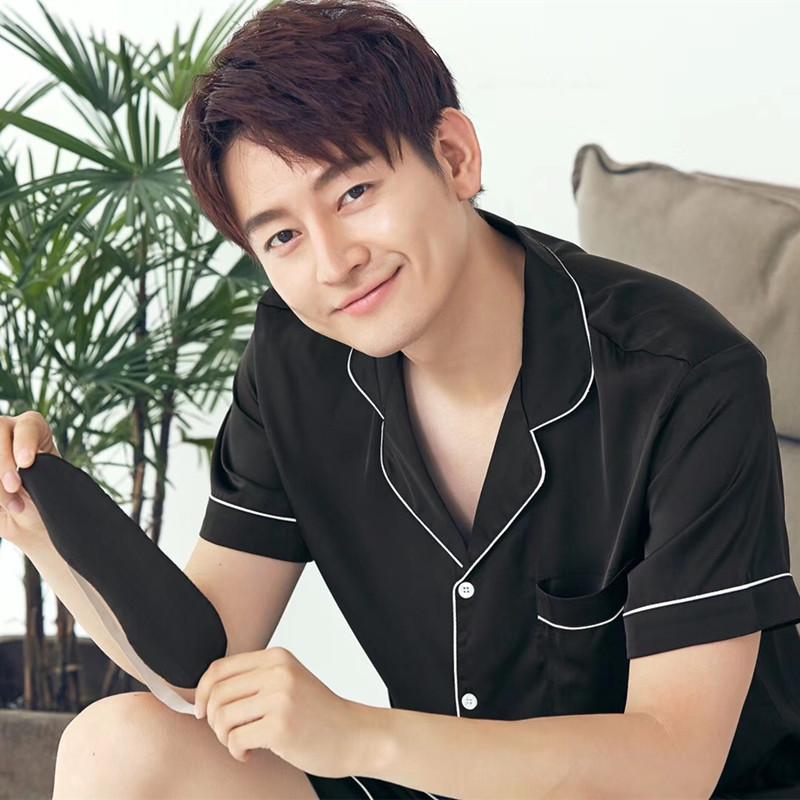 Men's Summer Satin Pajama Set: Short Sleeve & Shorts, Lapel Cardigan, Solid Color, Lightweight Silk Simulation.