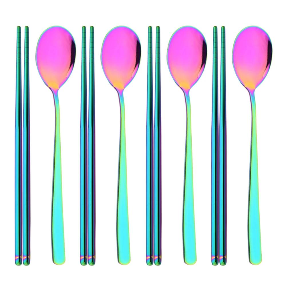 304 Edelstahl Besteckset Sushi Stäbchen Esslöffel Set 8/10 Stück Geschirr Koreanische Essstäbchen Dessertlöffel Besteckset