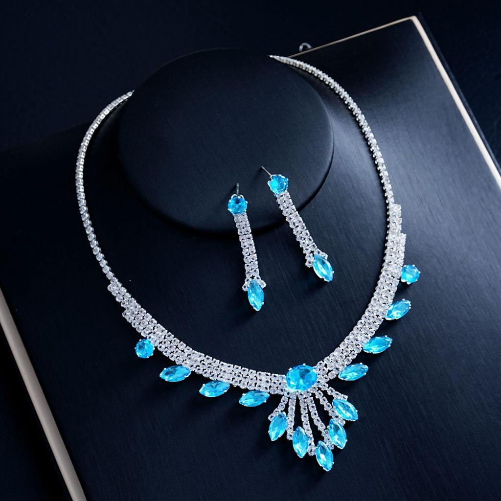 Bridal Rhinestone Necklace & Earrings Set - Evening Wedding Jewelry Accessories