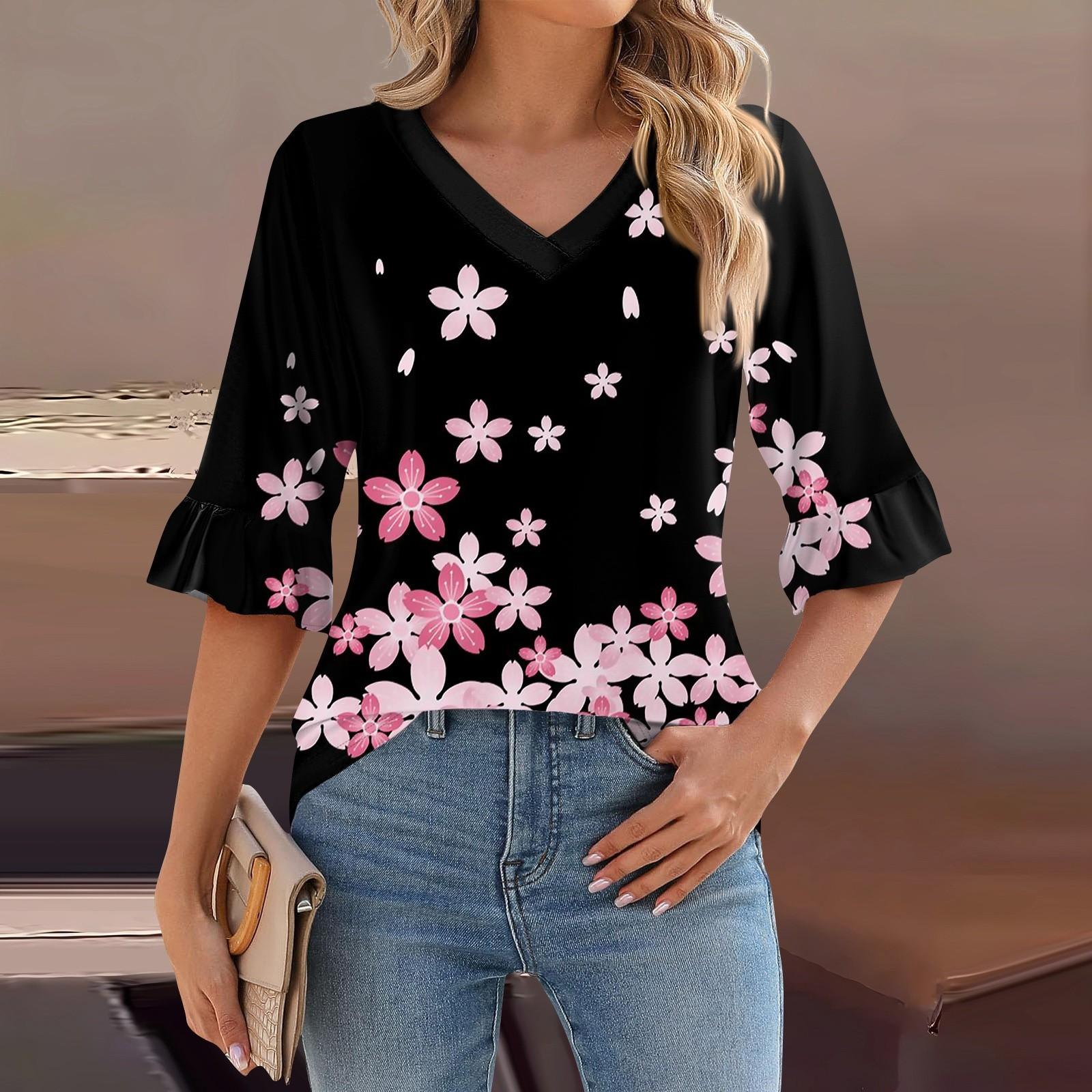 

Женские повседневные топы с рукавами 3/4, летние футболки с v-образным вырезом и пышными рукавами S чёрный