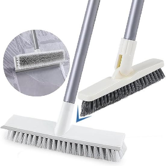 Floor Scrub Brush with Long Handle 54''- Stiff Bristle 2 In 1 Shower Scrubber with Squeegee Cleans Kitchen, Wall, Tile, Grout, Tub and Carpet, Brush