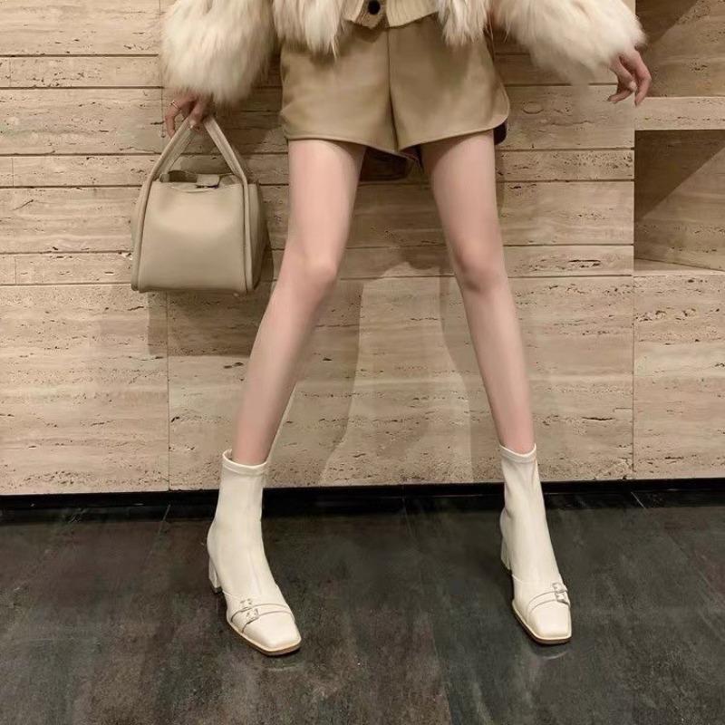 Autumn Winter Cowhide Vintage Fashion Women's Square Head Short Boots Belt Buckle Decoration Sexy Elegant Spliced Elastic Boots