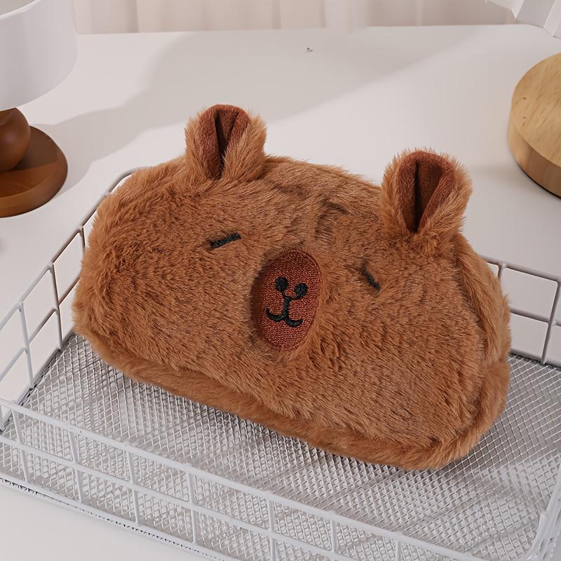 Large Plush Capybara Pencil Case - Spacious Stationery Organizer with Makeup Brush Holder, Coin Purse & Office Supplies Storage