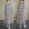 Vintage Literary Style Striped Printed Round Neck Long Sleeve Tie Dress