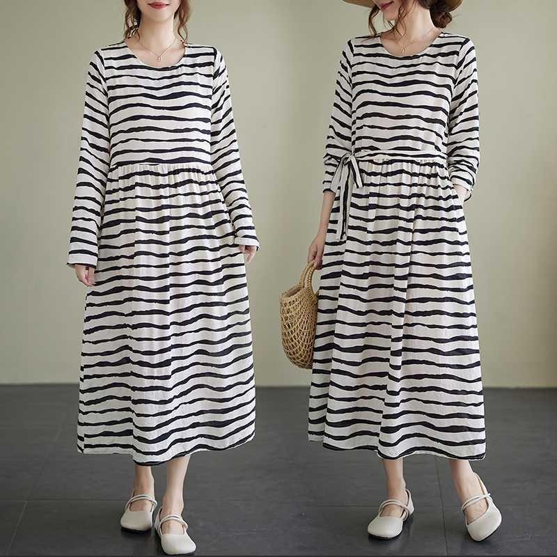 Vintage Literary Style Striped Printed Round Neck Long Sleeve Tie Dress