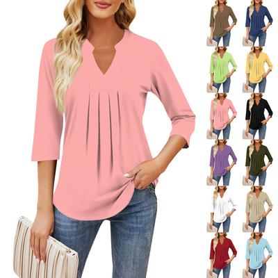 Damen Siebenviertelärmel Tops Lässig V-Ausschnitt Brustrüschen Einfarbig Locker T-Shirt Tops