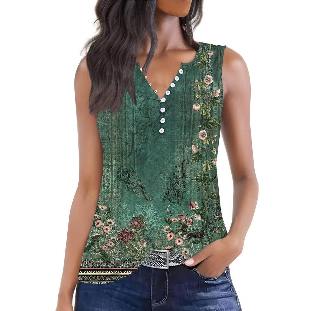 Women's Flowers And Plants Casual Loose Pleated Shirt V Collar Button-down T-shirt Shirt Sleeveless Vest Top
