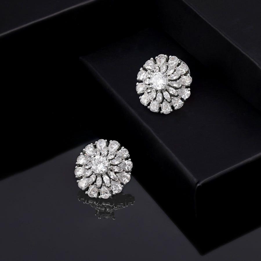 Estele Designer Women's Rhodium Plated Stud Earrings with Sparkling CZ Flower