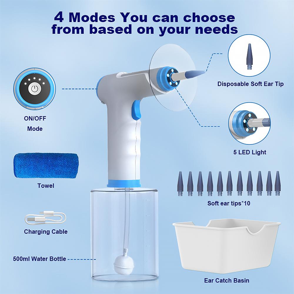 Electric Ear Wax Cleaner Kit 4 Modes Comfort Portable Ear Canal Irrigation Tool for Adults Child Earwax Removal 500Ml Capacity