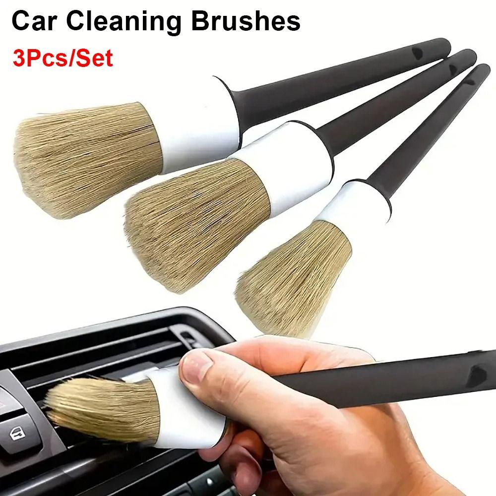 3Pcs/Set Boar Hair Car Cleaning Brush Plastic Handle Bristle Brushes  Auto Detail Tools