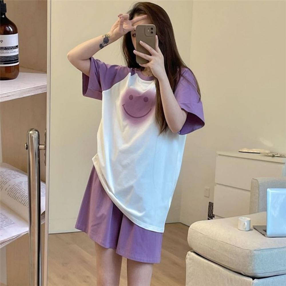 New Summer Color-blocking Short-sleeved Pajamas Set for Women's Gradient Smiley Face Sweet and Cute Cartoon Thin Style