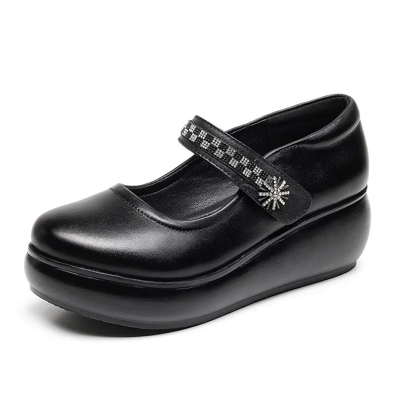 6cm Small Size 32-43 Comfortable Breathable Shallow Soft Leather Mary Janes Mid Heels 2025 Spring Platform Wedges Shoes Mom Work