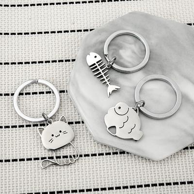 Fish Bone Cat Stainless Steel Keychain Cute Cartoon Matching Style Fashion Couple Friend Pendant Practical Bag Decoration