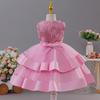 Girls' New Style Double Layer Mesh Lace Bow Party Evening Dress Princess Performance Outfit