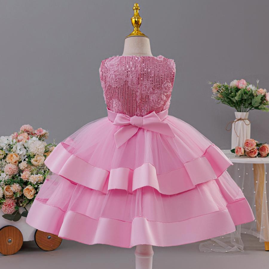Girls' New Style Double Layer Mesh Lace Bow Party Evening Dress Princess Performance Outfit