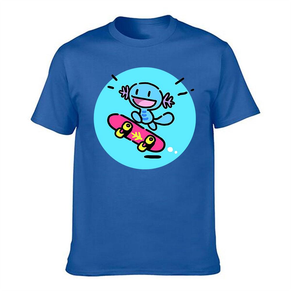 Unisexs Cotton TShirt Cute Blue Axolotl Skateboard Graphic Print Casual Short Sleeve Tee for Daily Wear